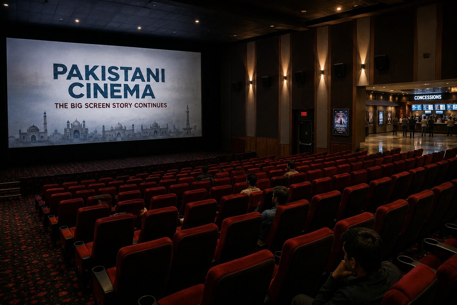 An empty cinema auditorium with red seats facing a screen displaying 'PAKISTANI CINEMA: THE BIG SCREEN STORY CONTINUES'.