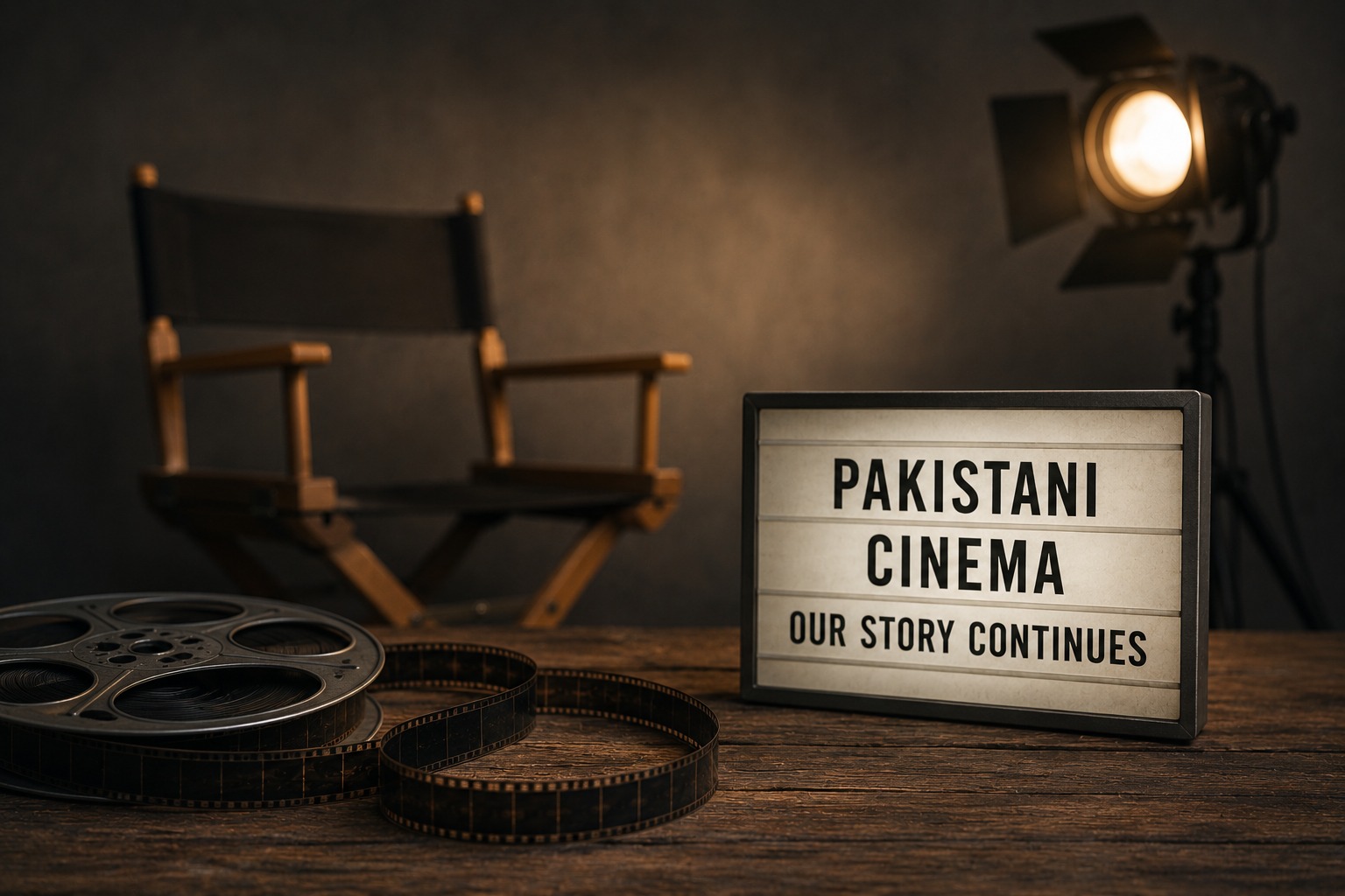 Director chair and film reel next to a lightbox displaying Pakistani Cinema Our Story Continues