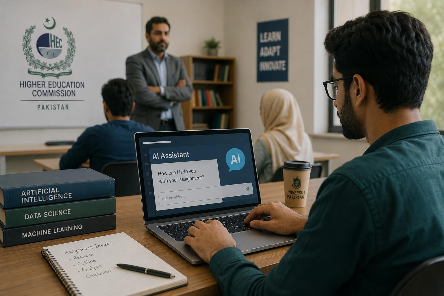 Student working on a laptop with an AI assistant interface in a Pakistani university classroom with HEC logo in the background