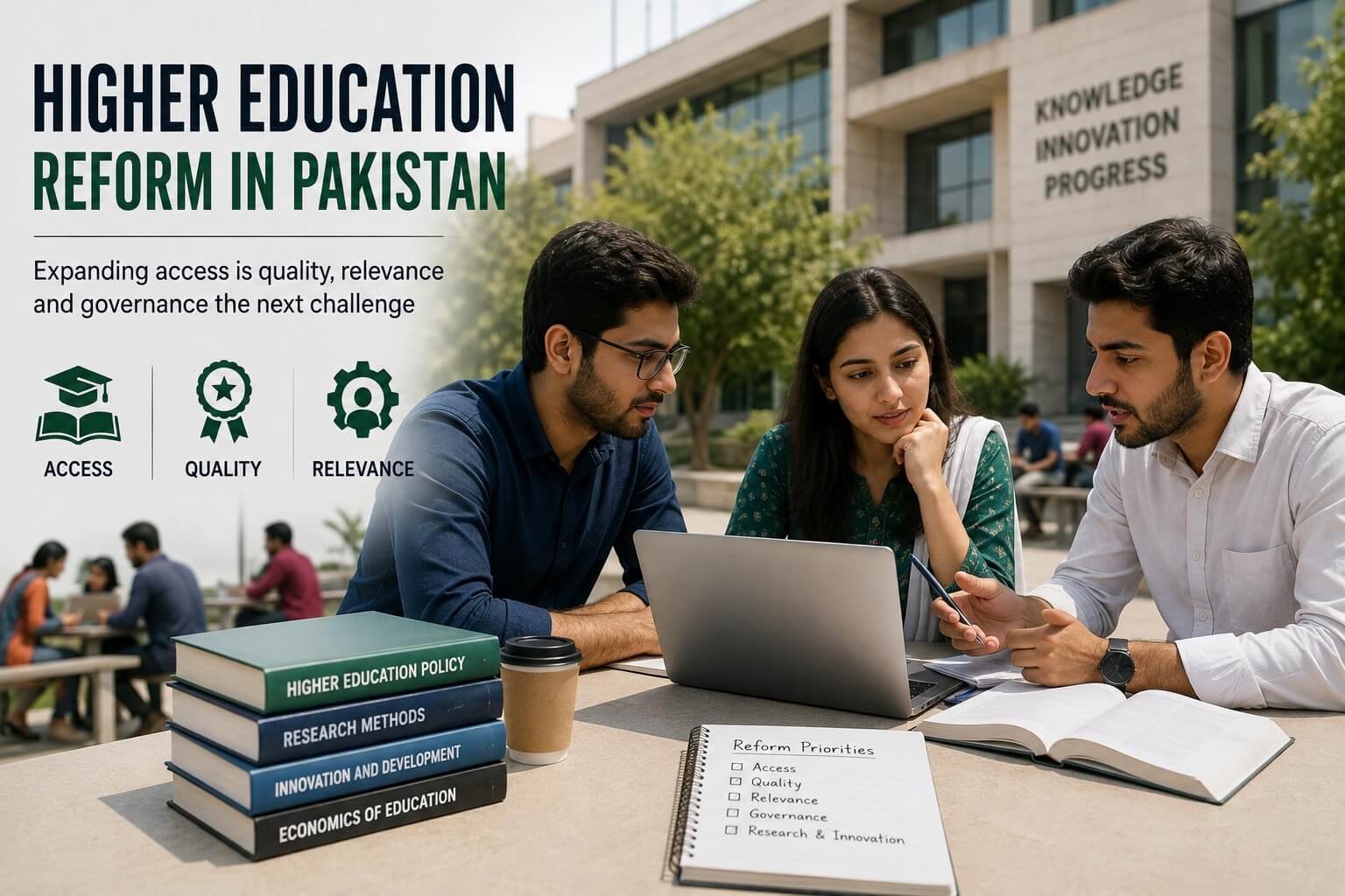 Pakistani university students studying outdoors with laptops and Higher Education Policy books