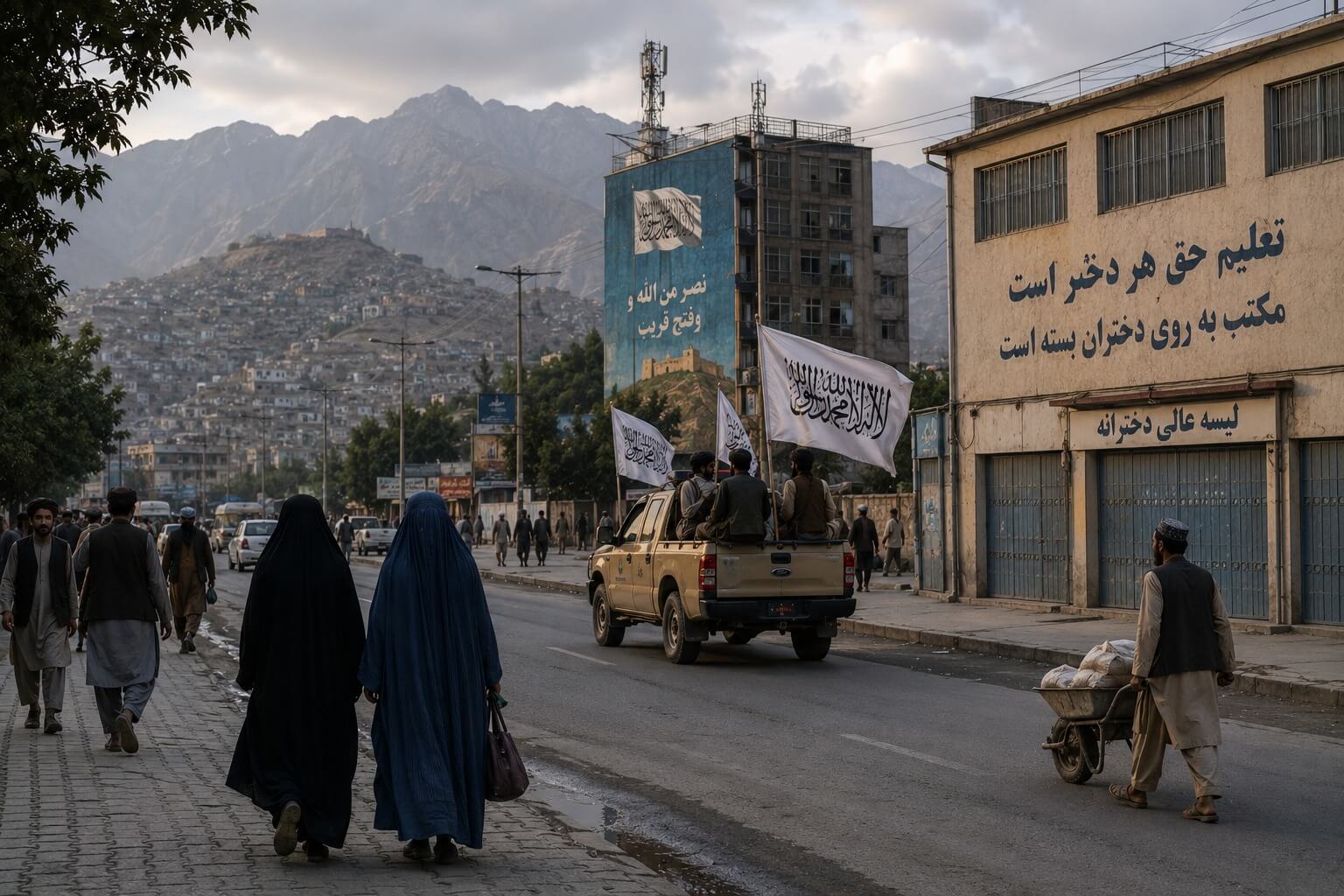 Taliban fighters in armored vehicles parading past the former US embassy in Kabul