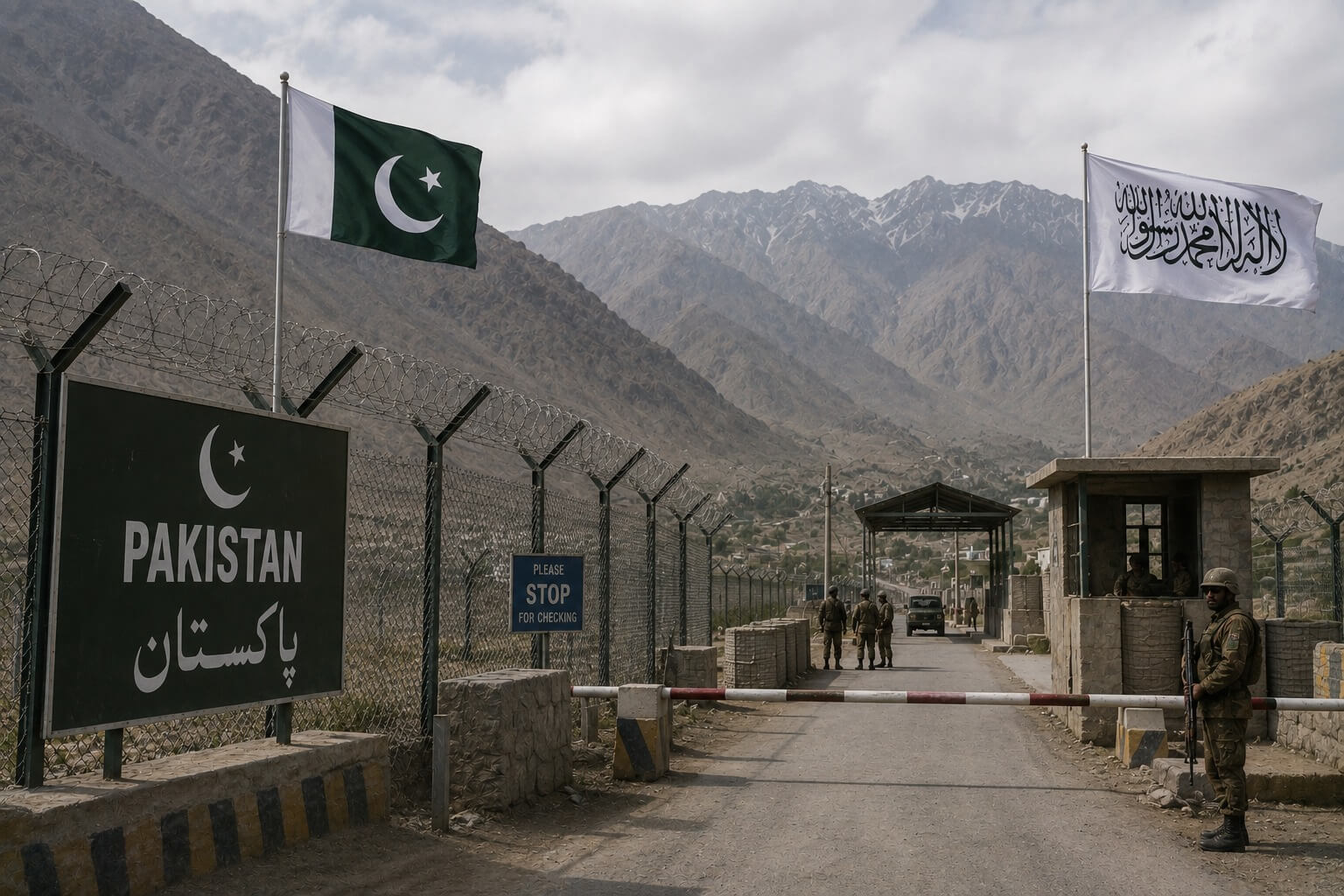 Pakistani military personnel standing guard at a remote border outpost along the mountainous Durand Line