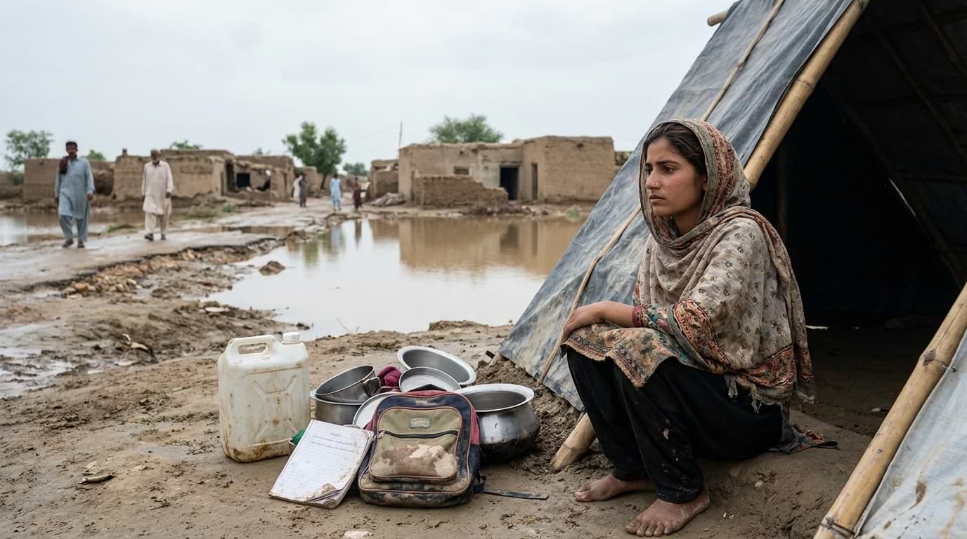 A young woman sitting outside a makeshift tent in a flooded Pakistani village with salvaged belongings.