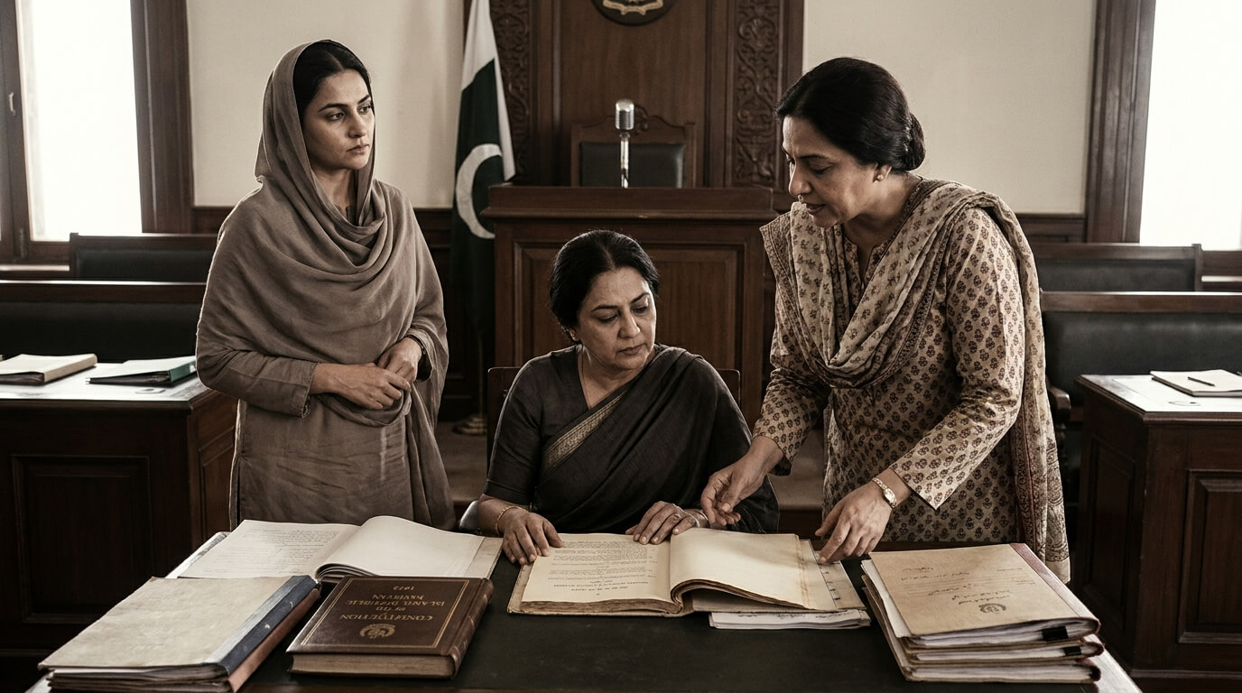 Three Pakistani women in traditional attire reviewing legal files and the 1973 Constitution of Pakistan on an official desk.